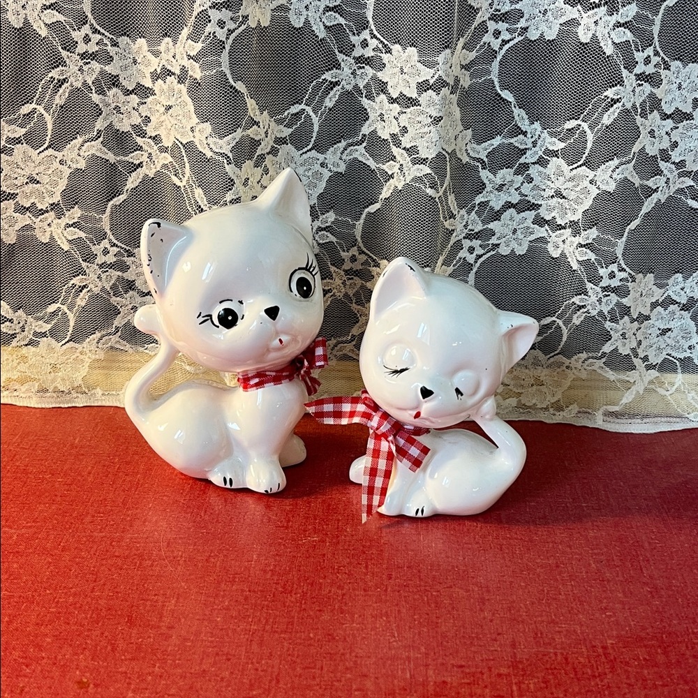 Adorable White Cat Figurines with Red Checkered Bows